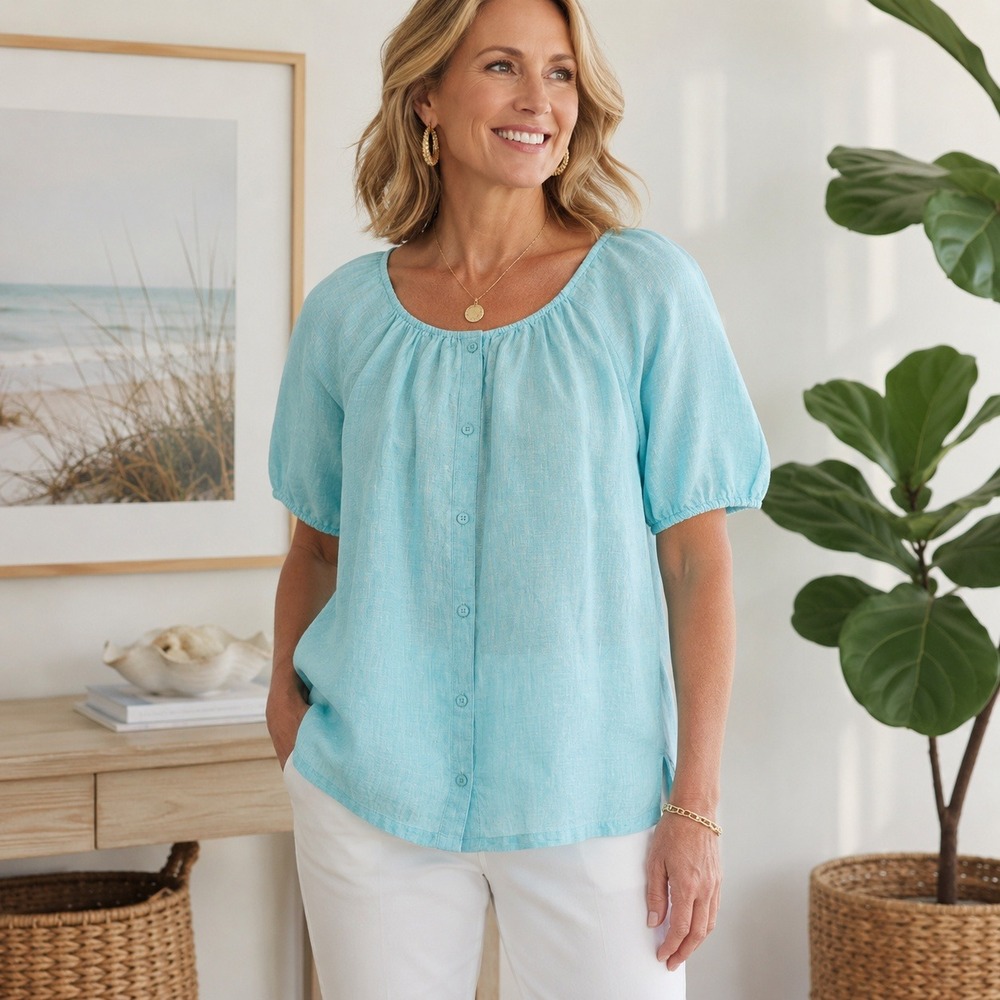 Talbots Linen Button Front Blouse Aqua Blue Peasant Coastal Women's Size Large